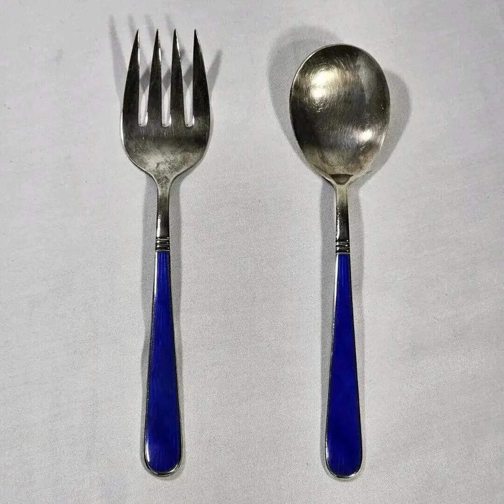 D&C Japan E.P. Flatware Serving Set Spoon Fork Cobalt Blue W/ Scalloped Design - Picture 1 of 8